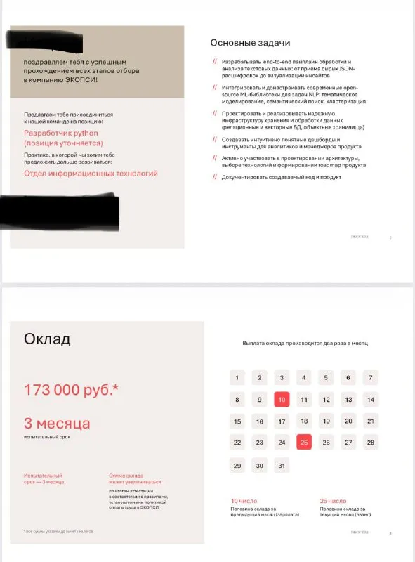 Обезличенный оффер ученика на позицию Python-разработчик